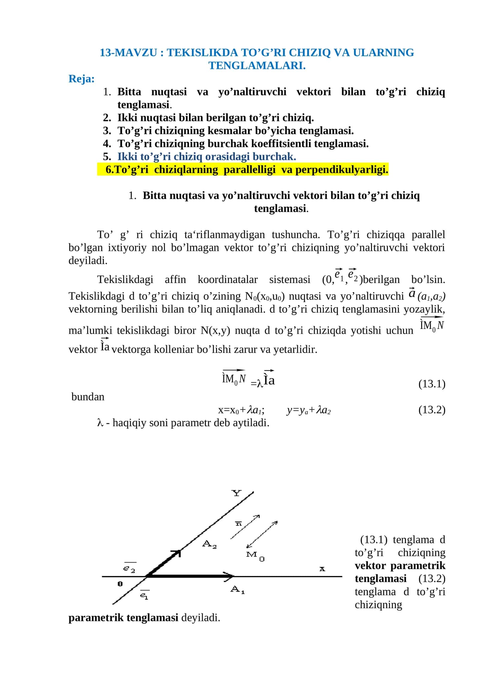 TEKISLIKDA TO’G’RI CHIZIQ VA ULARNING TENGLAMALARI