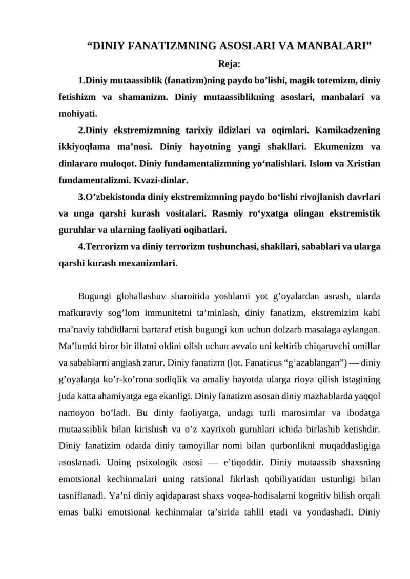 Diniy Fanatizmning Asoslari va Manbalari