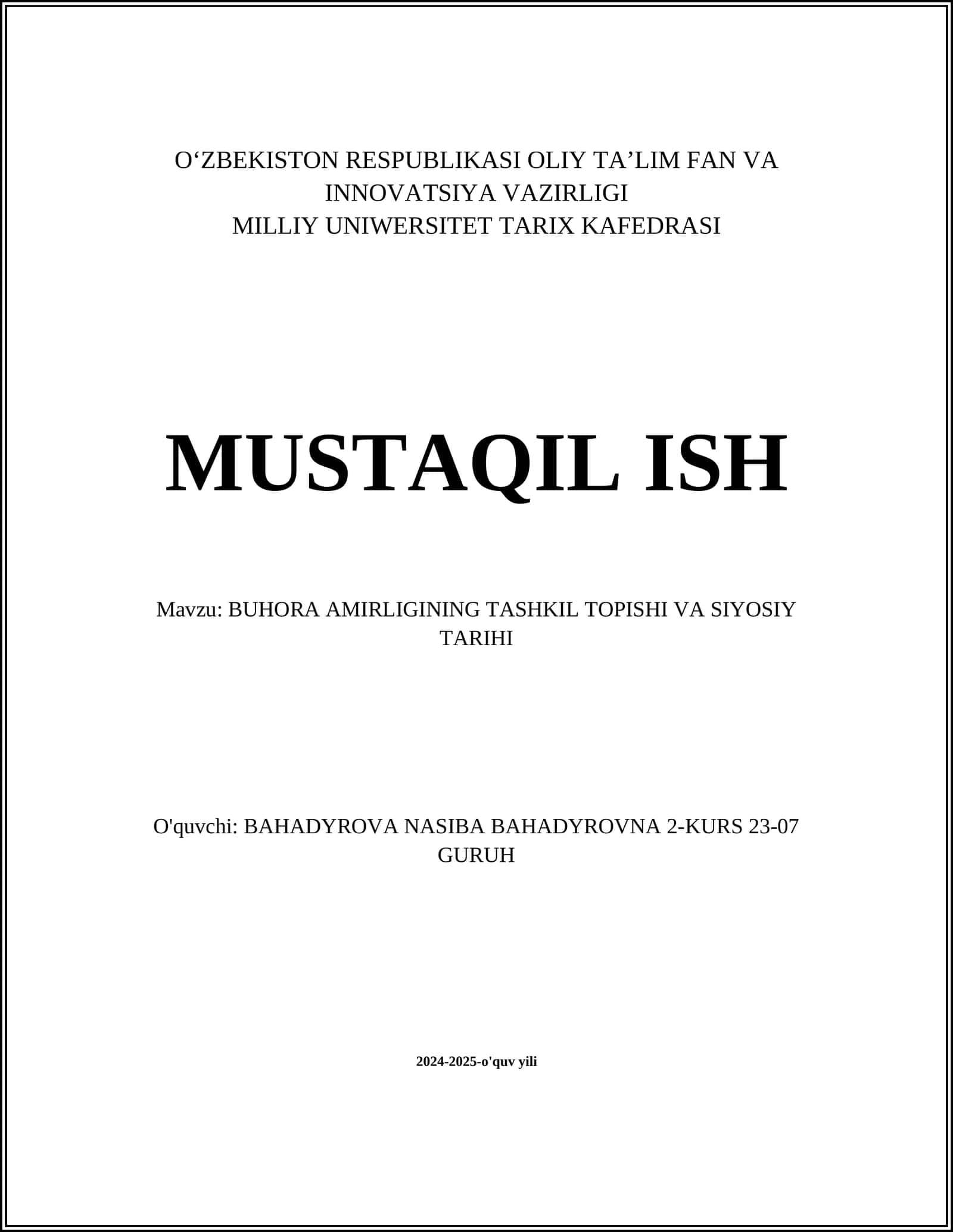 BUHORA AMIRLIGINING TASHKIL TOPISHI VA SIYOSIY TARIHI