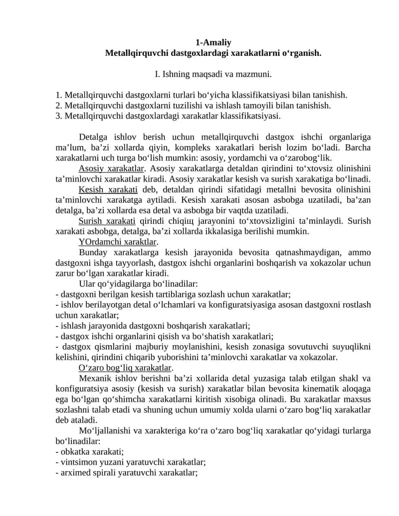 Metallqirquvchi dastgoxlardagi xarakatlar