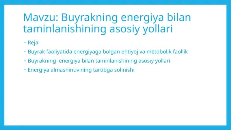 Buyrakning energiya bilan taminlanishining asosiy yollari