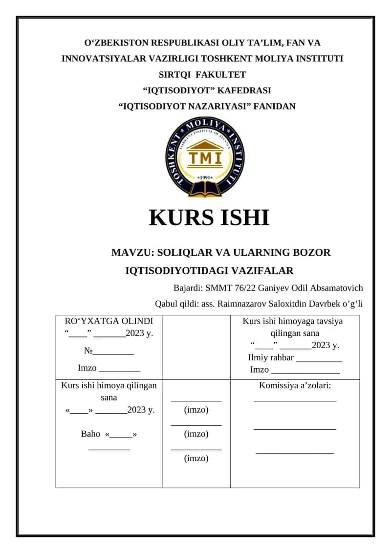 Soliqlar va Ularning Bozor Iqtisodiyotidagi Vazifalar
