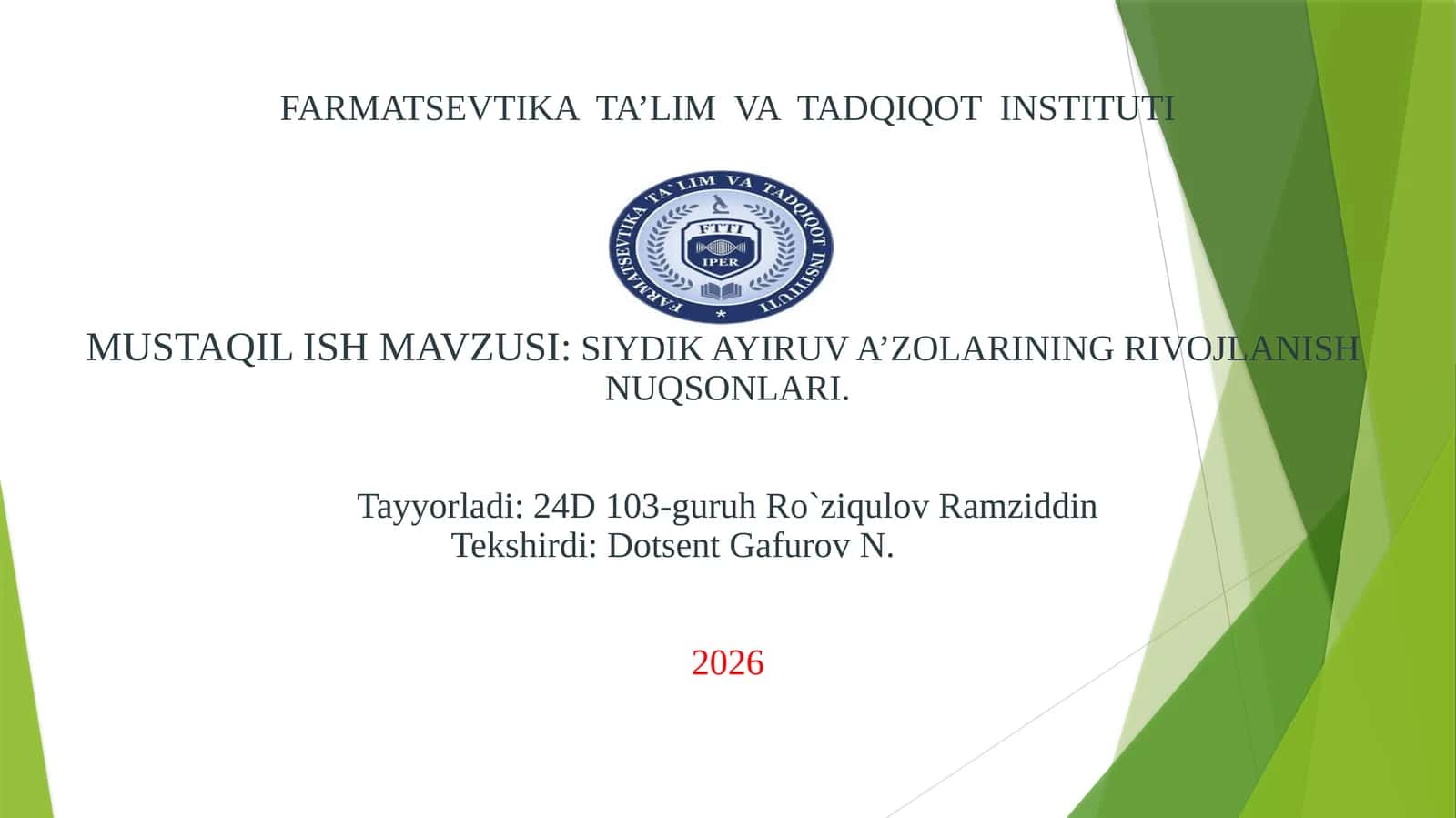 SIYDIK AYIRUV A’ZOLARINING RIVOJLANISH NUQSONLARI