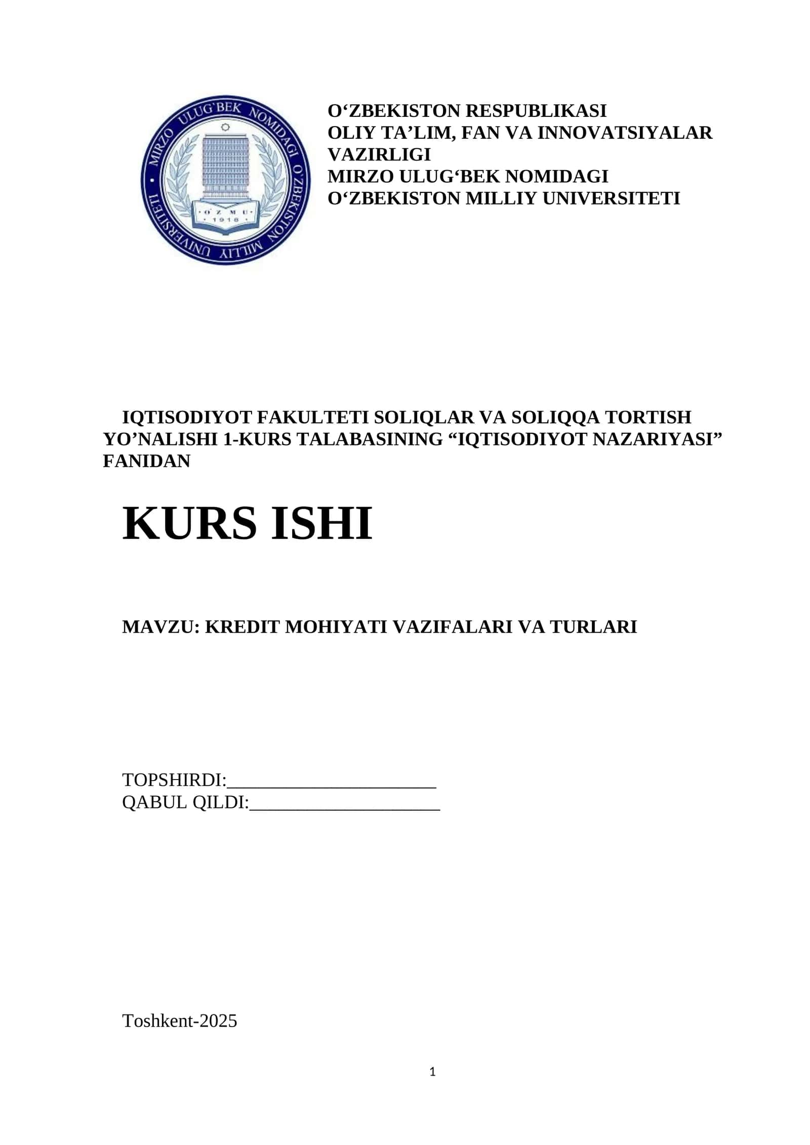 KREDIT MOHIYATI VAZIFALARI VA TURLARI