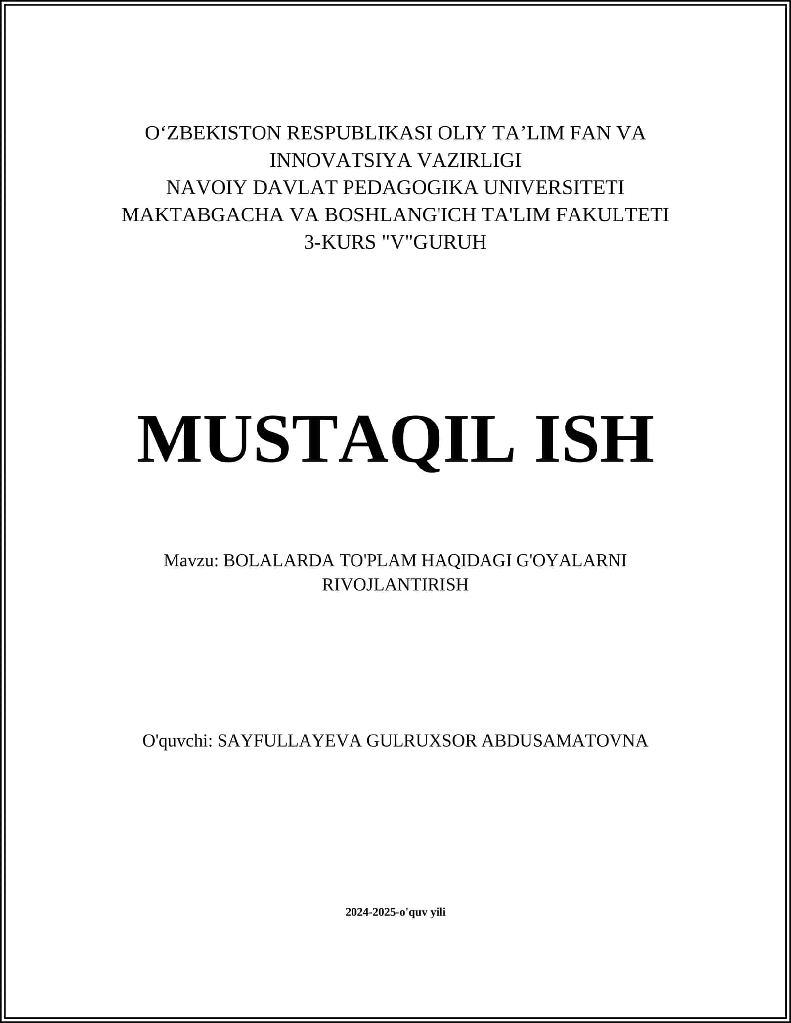 BOLALARDA TO'PLAM HAQIDAGI G'OYALARNI RIVOJLANTIRISH