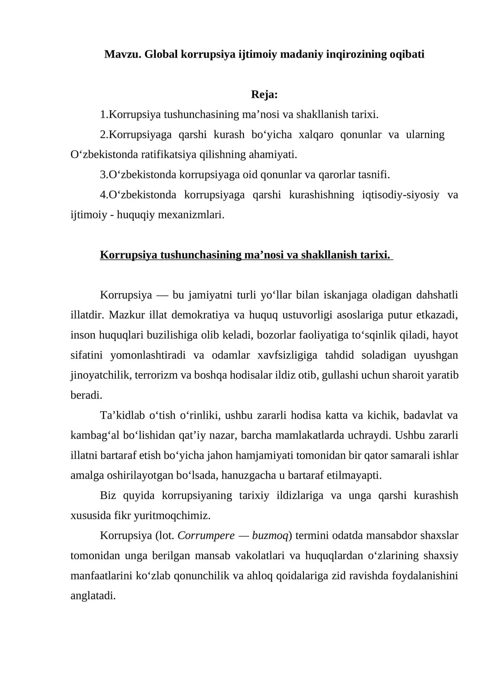Global korrupsiya ijtimoiy madaniy inqirozining oqibati
