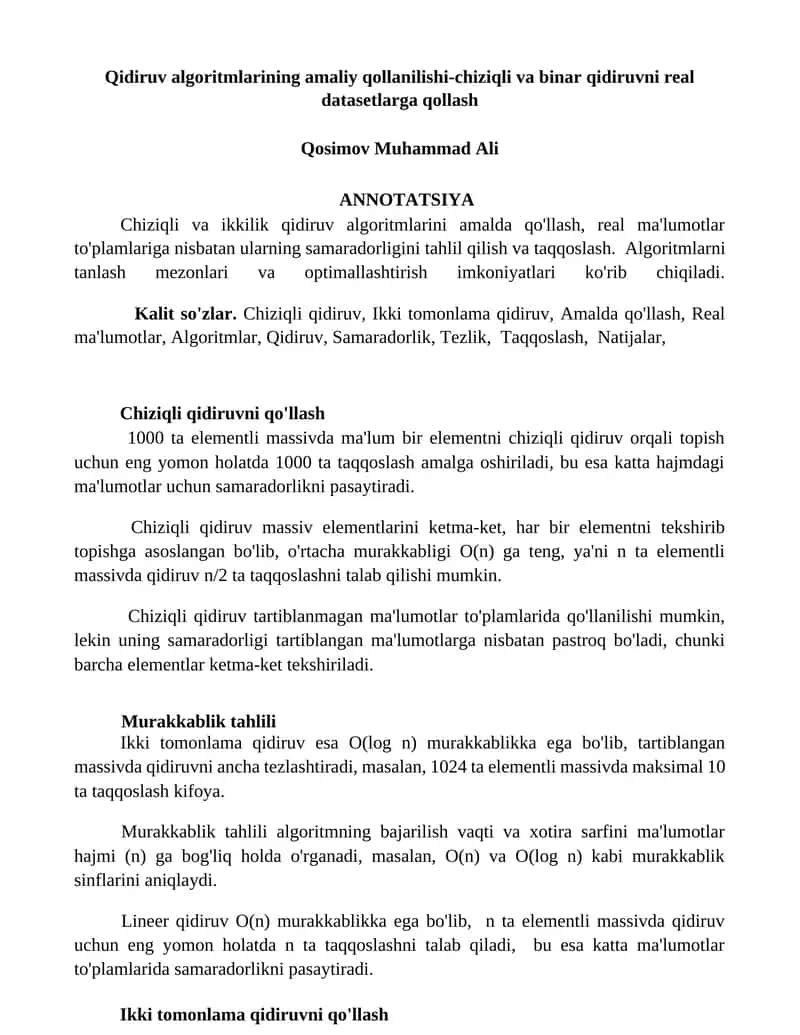 Qidiruv algoritmlarining amaliy qollanilishi-chiziqli va binar qidiruvni real datasetlarga qollash
