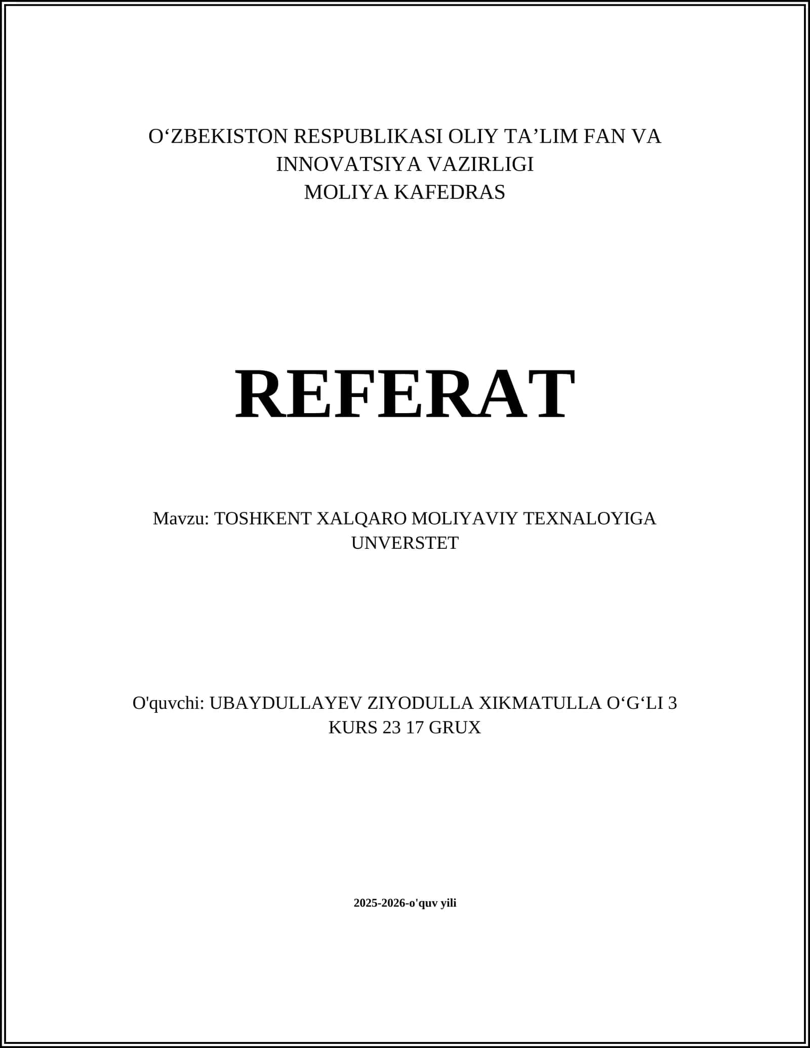 Toshkent Xalqaro Moliya va Texnologiya Universiteti