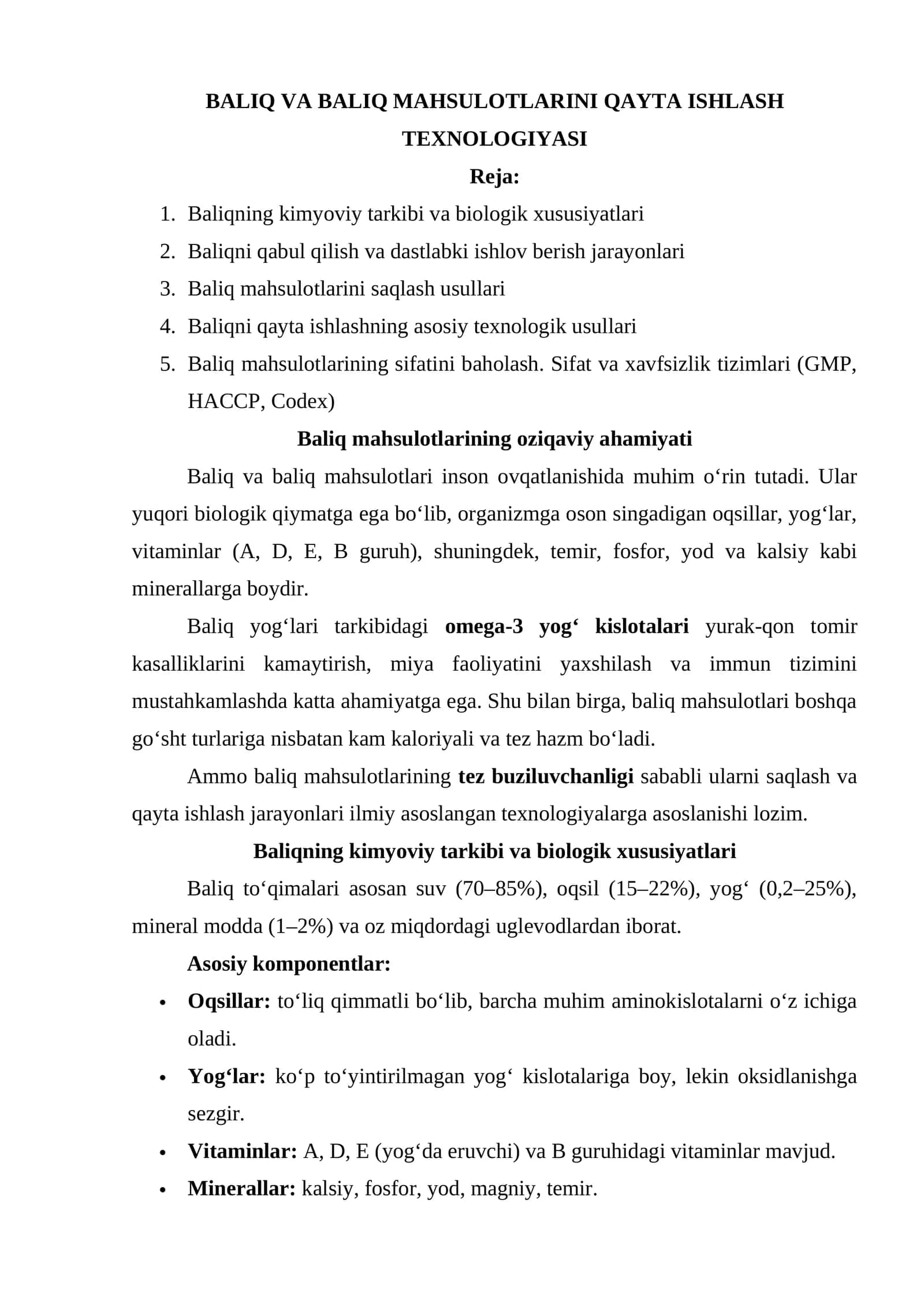 BALIQ VA BALIQ MAHSULOTLARINI QAYTA ISHLASH TEXNOLOGIYASI