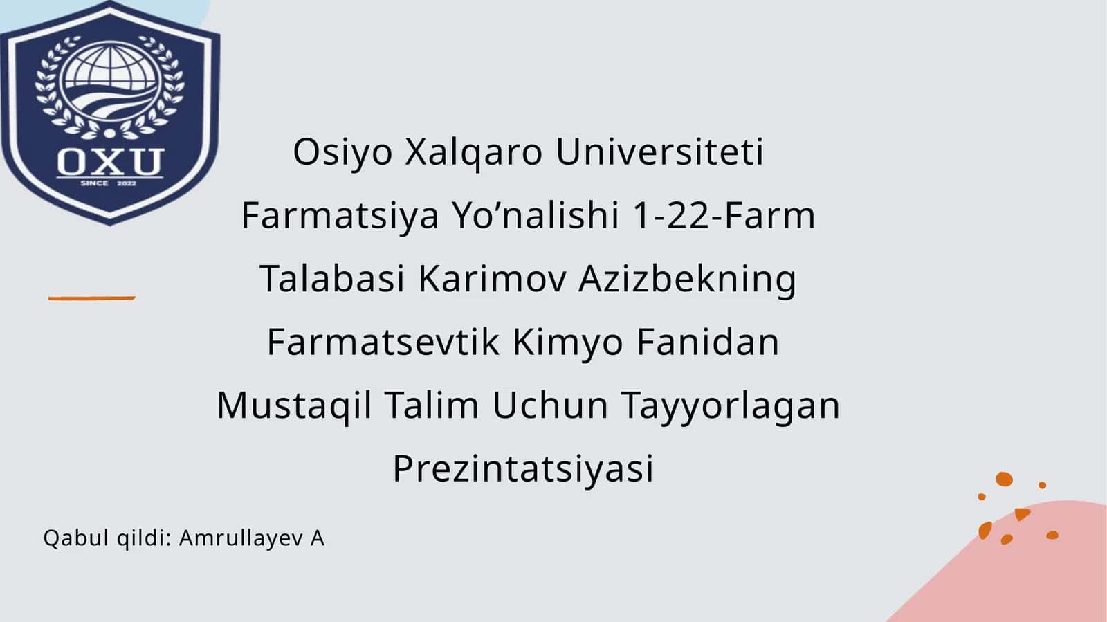 Farmatsevtik Kimyo Fanidan Mustaqil Talim Uchun Tayyorlagan Prezintatsiyasi