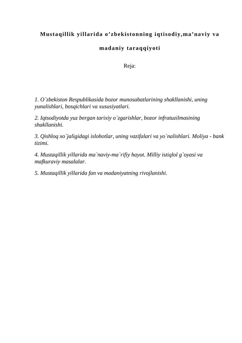 O`zbekistonning iqtisodiy,ma’naviy va madaniy taraqqiyoti