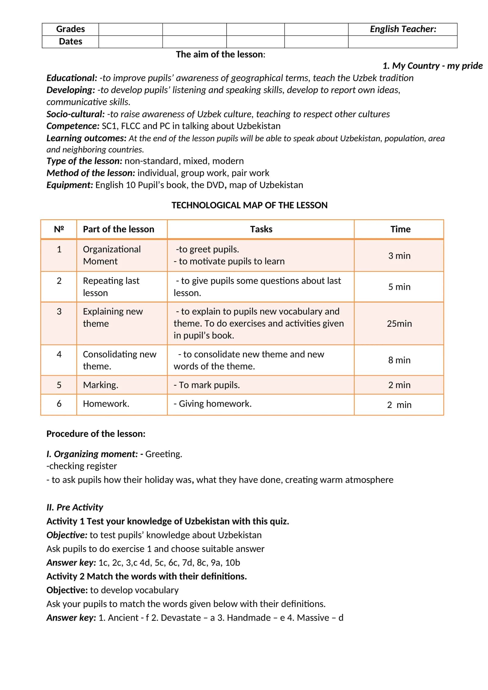 English Teacher Lesson Plan on Uzbekistan