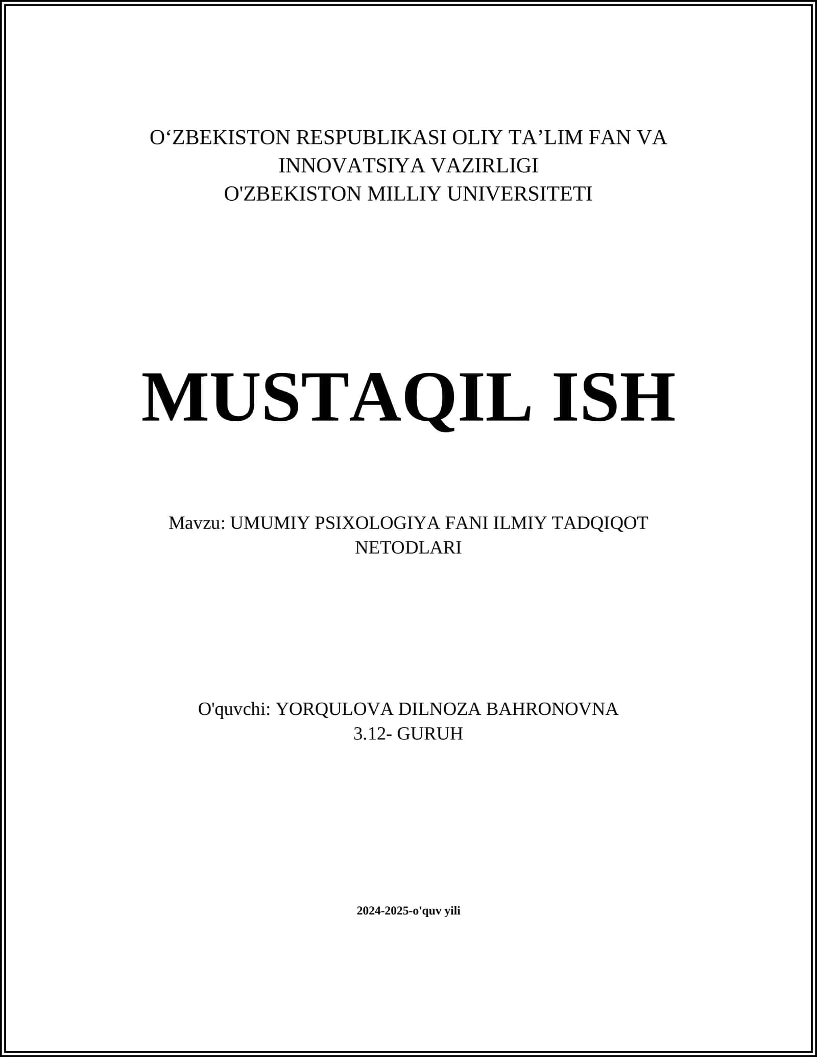 UMUMIY PSIXOLOGIYA FANI ILMIY TADQIQOT NETODLARI