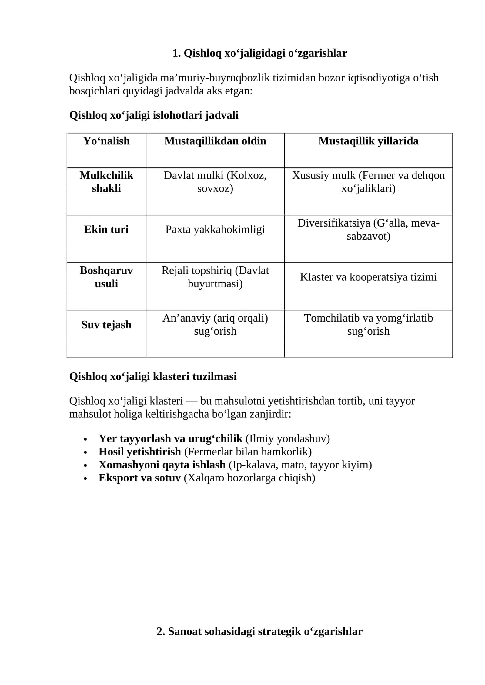 Jadvallar, klasterlar Qishloq xo‘jaligidagi o‘zgarishlar