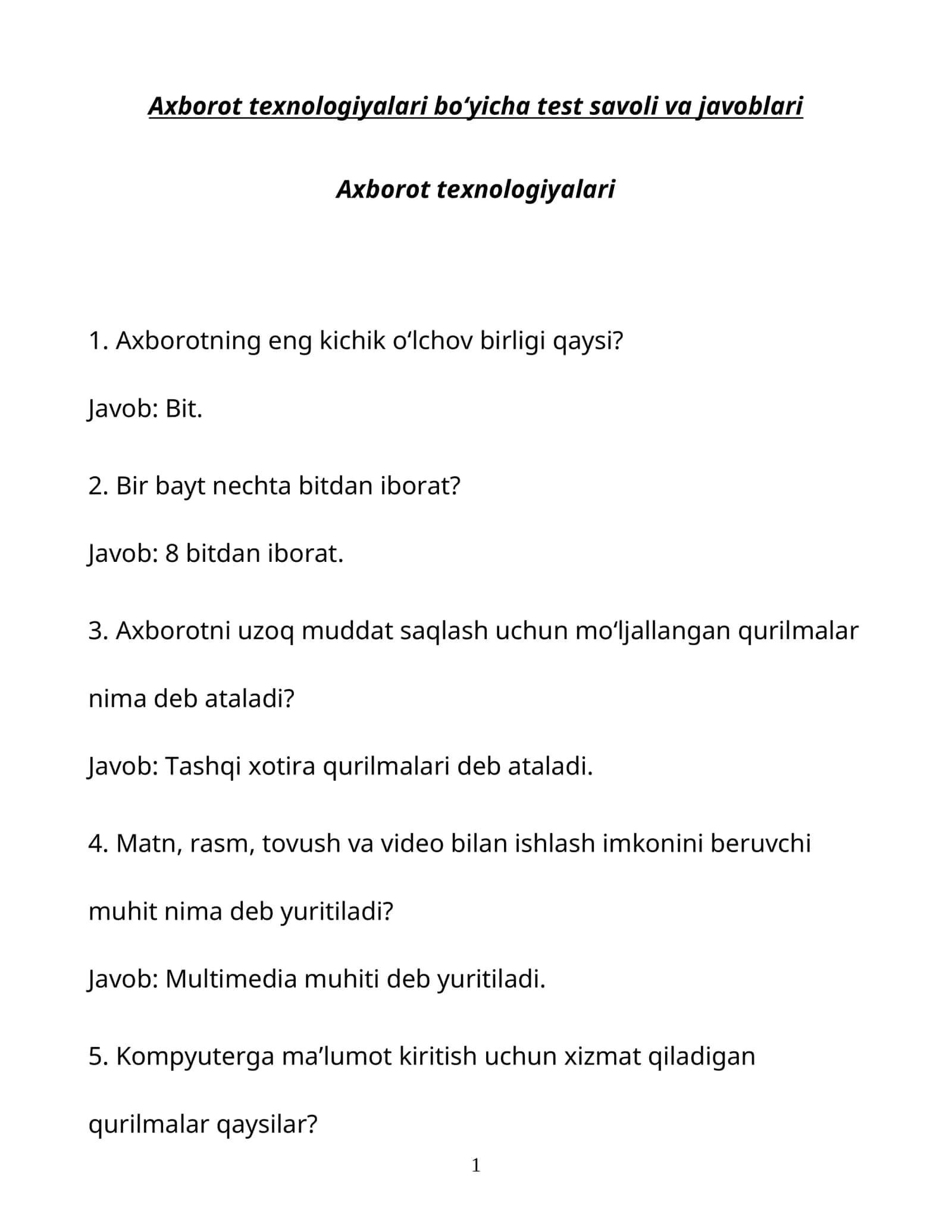 Axborot texnologiyalari bo‘yicha test savoli va javoblari