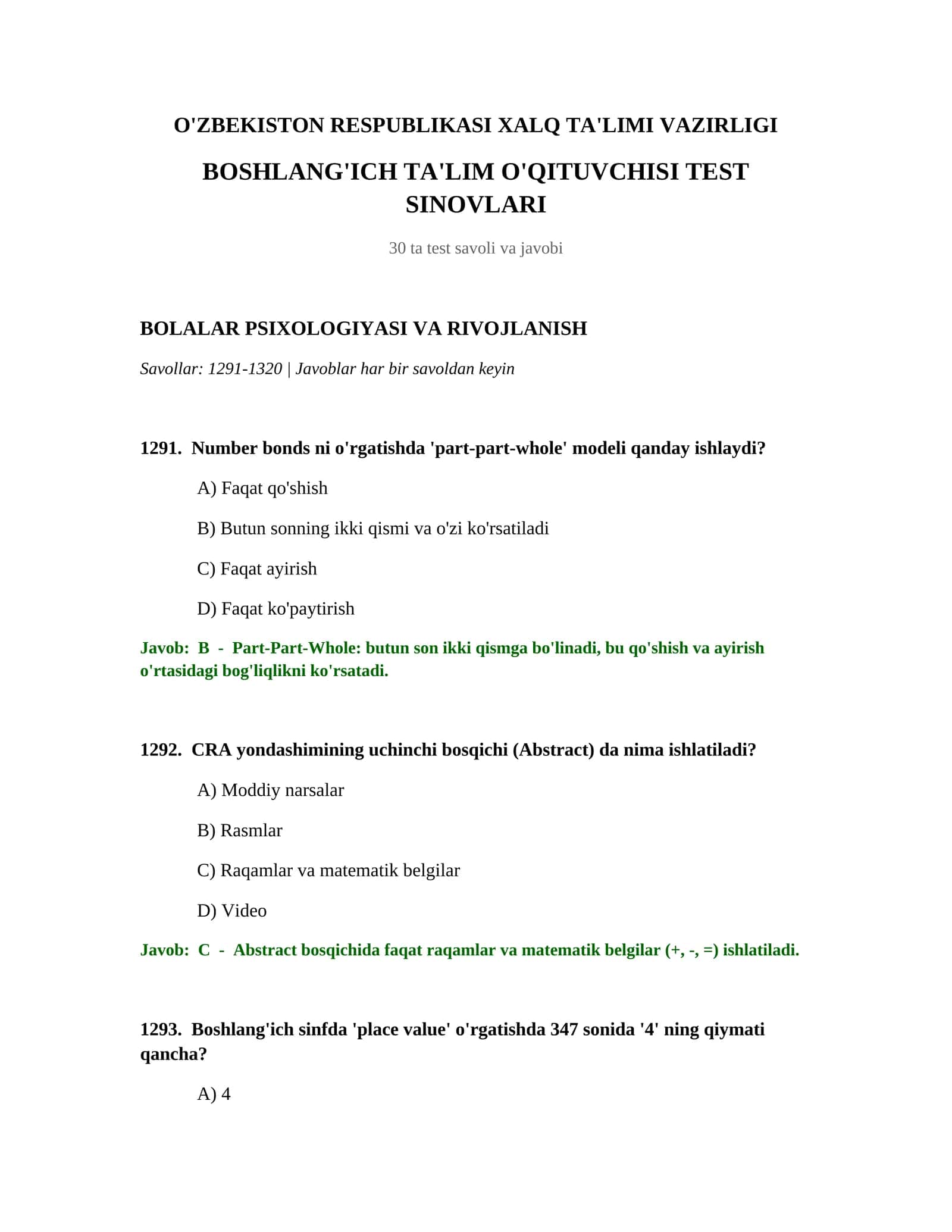 Boshlang'ich ta'lim o'qituvchisi test sinovlari