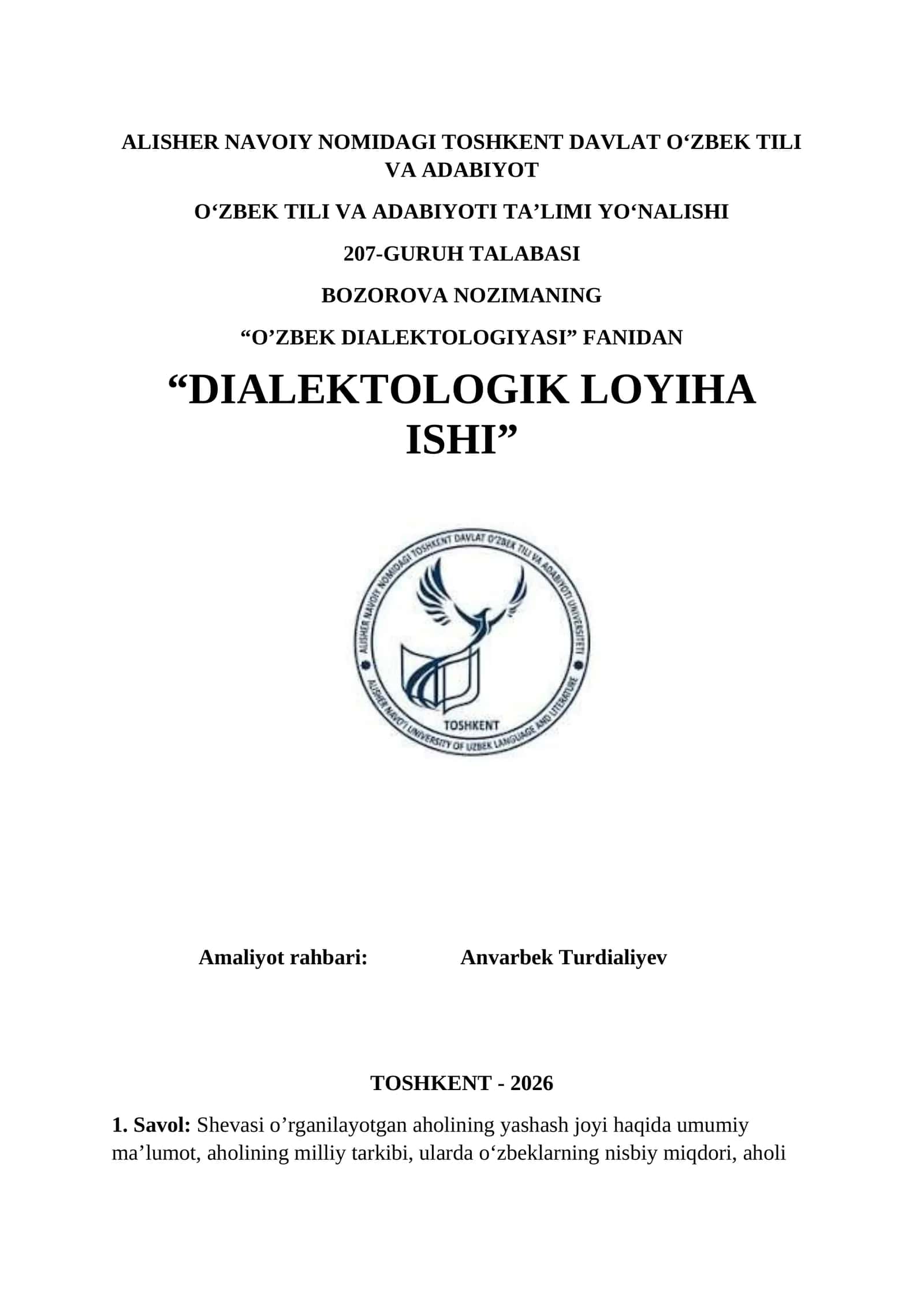 O‘ZBEK DIALEKTOLOGIYASI. Dialektologik amaliyot ishi