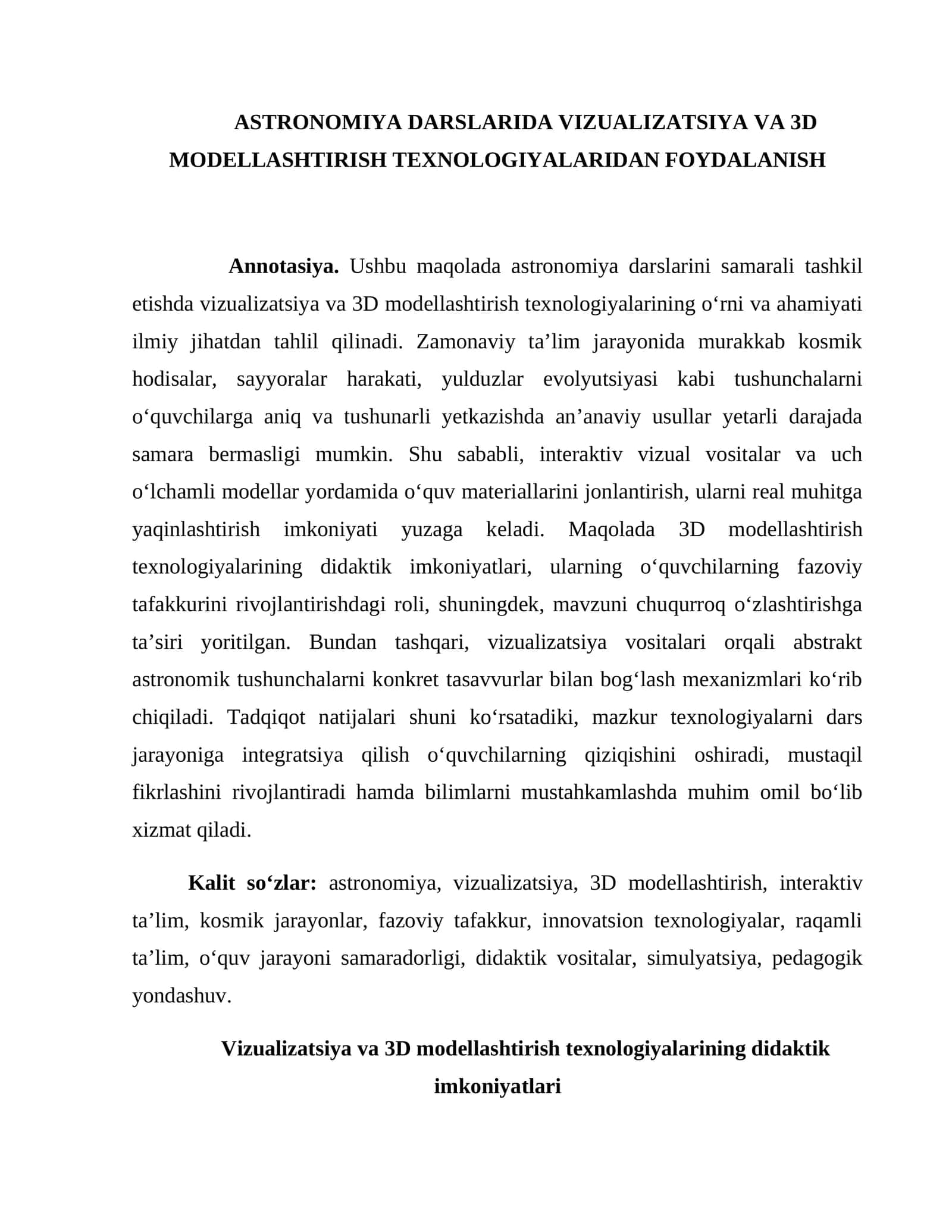 ASTRONOMIYA DARSLARIDA VIZUALIZATSIYA VA 3D MODELLASHTIRISH TEXNOLOGIYALARIDAN FOYDALANISH