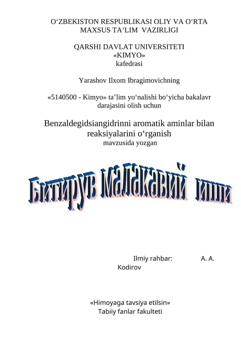 Benzaldegidsiangidrinni aromatik aminlar bilan reaksiyalarini o‘rganish