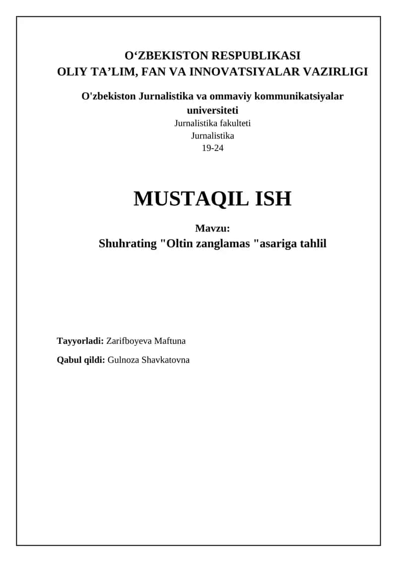 Shuhratning "Oltin zang" asariga tahlil