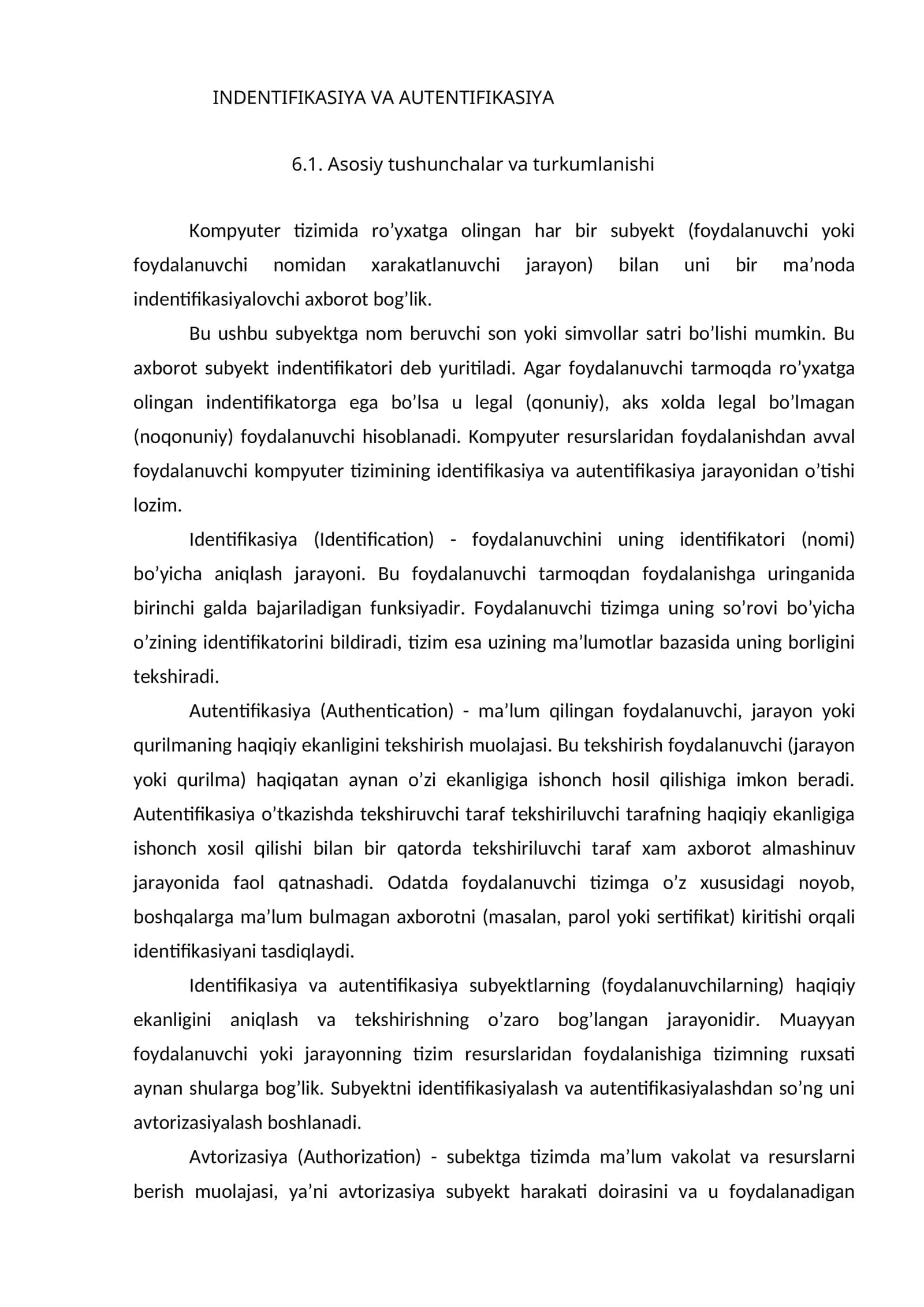 INDENTIFIKASIYA VA AUTENTIFIKASIYA