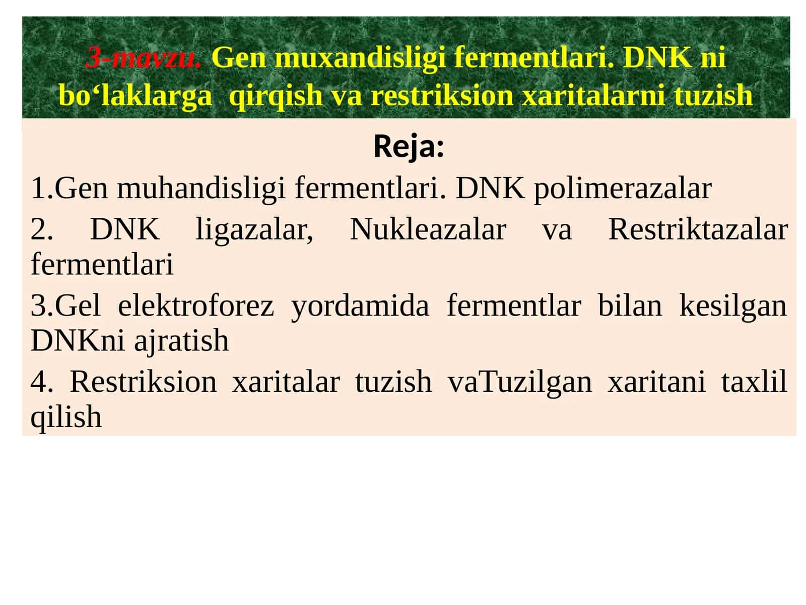 Gen muxandisligi fermentlari.DNKnibo‘laklargaqirqishvarestriksionxaritalarnituzish