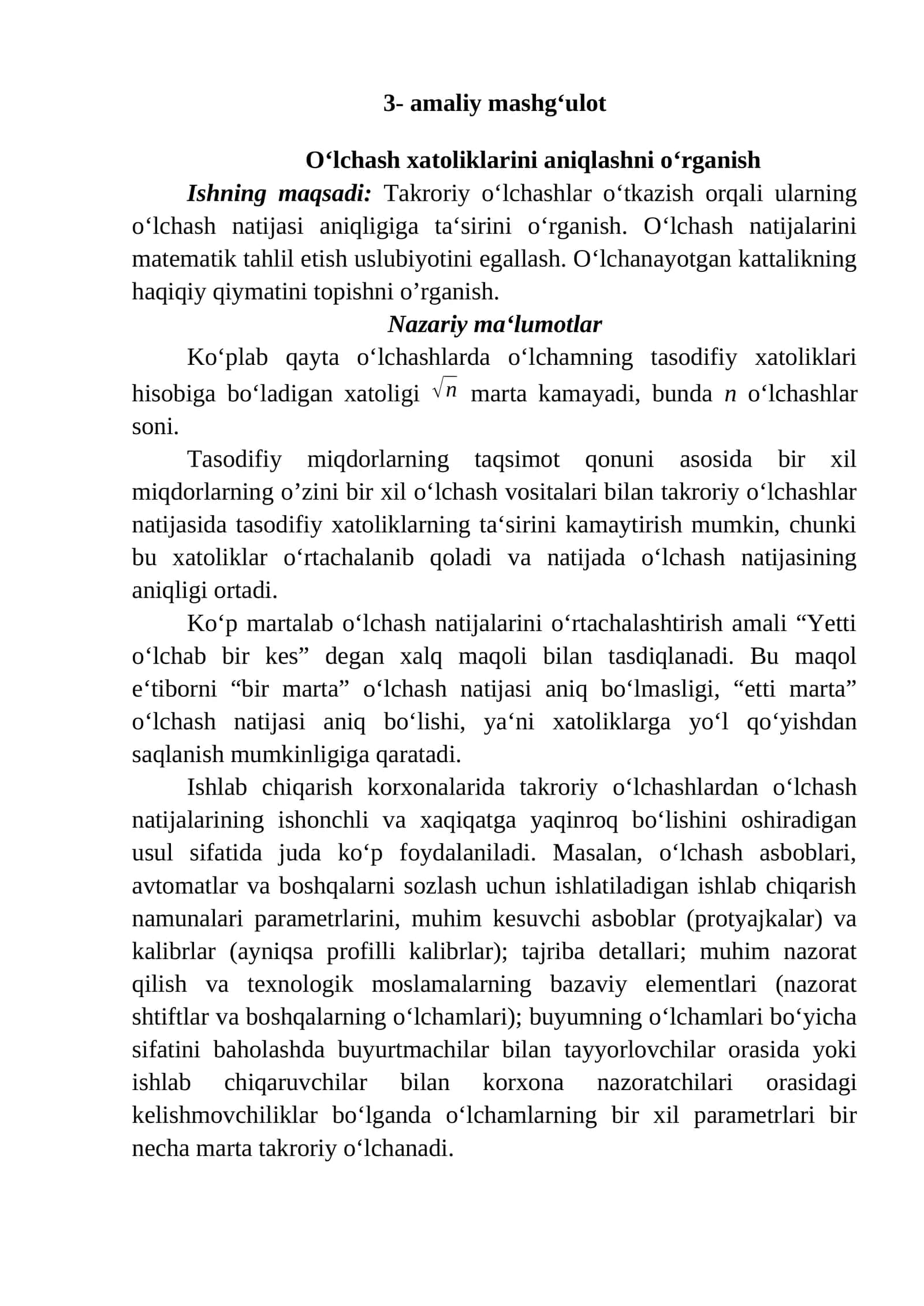 Oʻlchash xatoliklarini aniqlashni oʻrganish