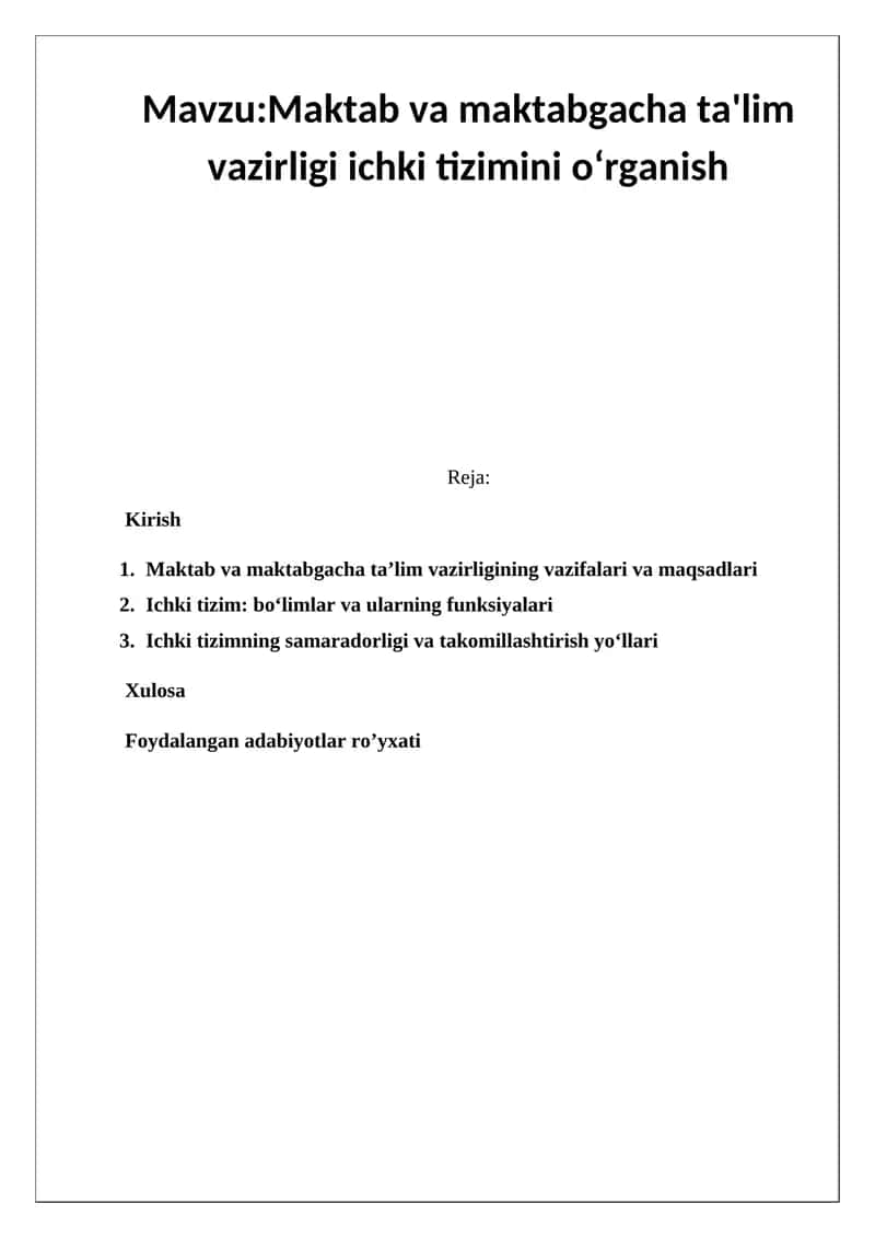 Maktab va maktabgacha ta'lim vazirligi ichki tizimini o‘rganish