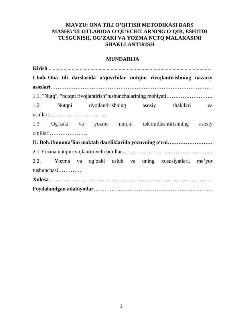 ONA TILI O’QITISH METODIKASI DARS MASHG’ULOTLARIDA O’QUVCHILARNING O’QIB, ESHITIB TUSGUNISH, OG’ZAKI VA YOZMA NUTQ MALAKASINI SHAKLLANTIRISH