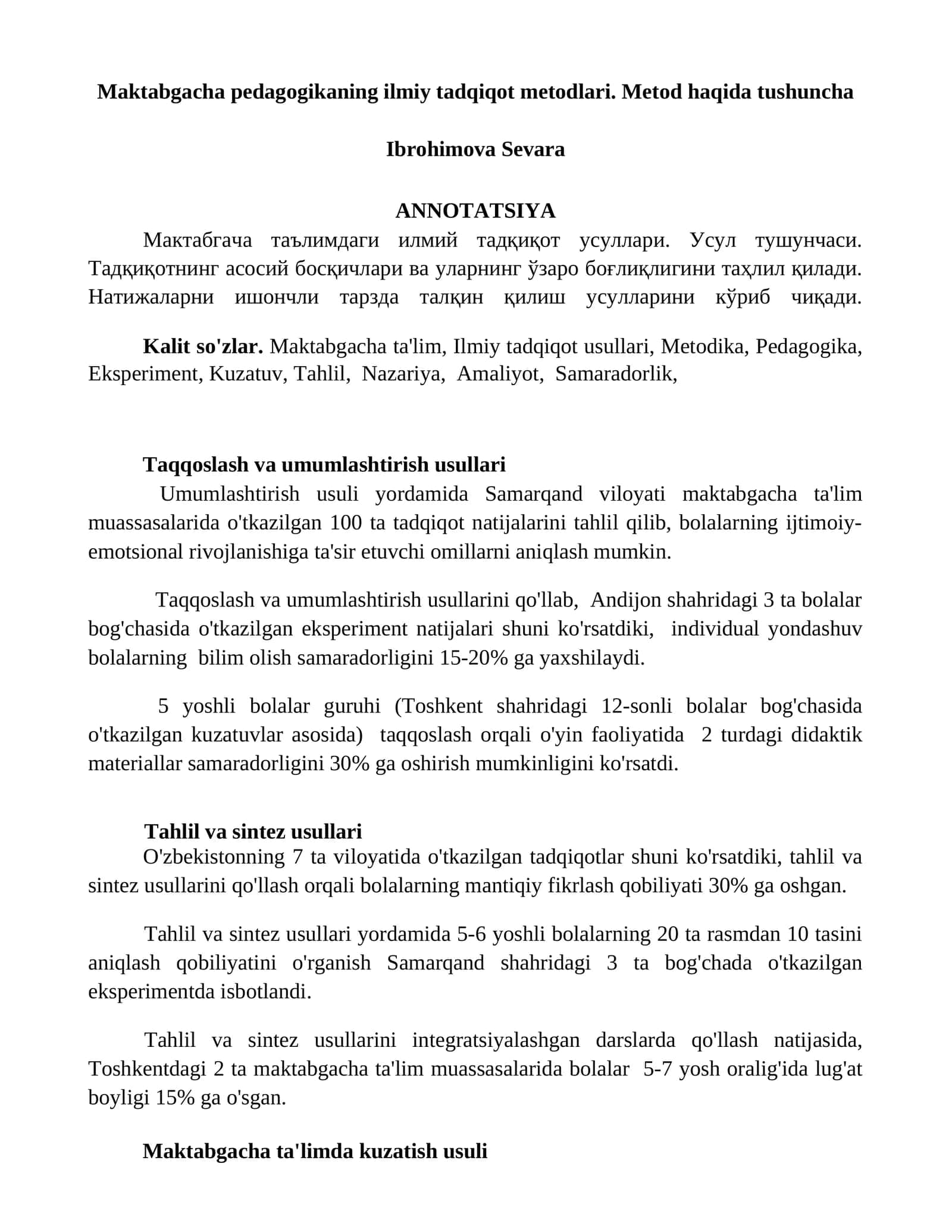 Maktabgacha pedagogikaning ilmiy tadqiqot metodlari