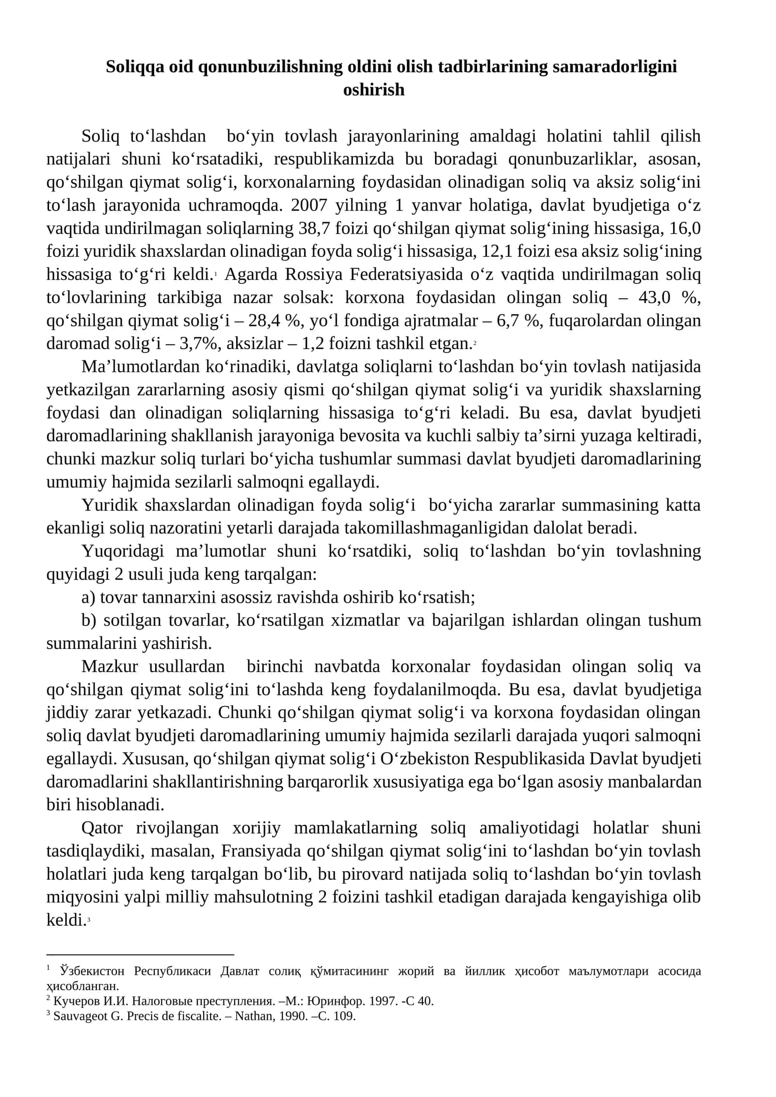 Soliqqa oid qonunbuzilishning oldini olish tadbirlarining samaradorligini oshirish
