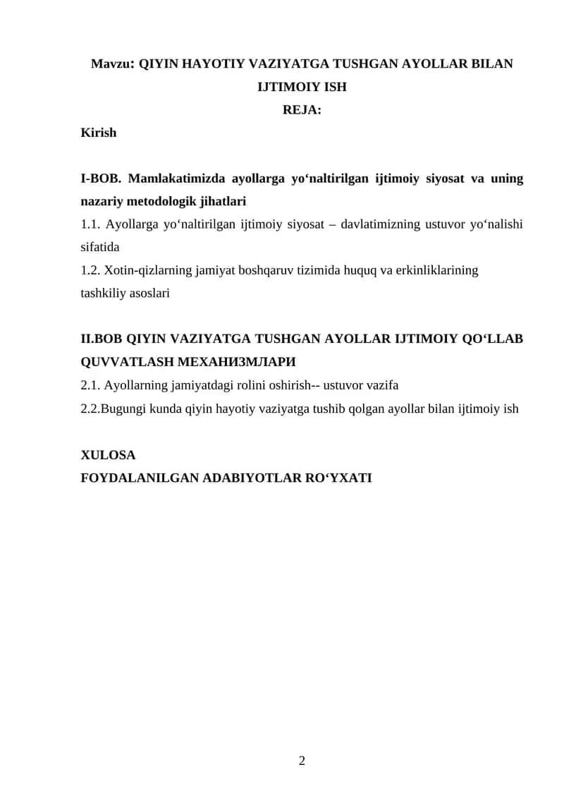 QIYIN HAYOTIY VAZIYATGA TUSHGAN AYOLLAR BILAN IJTIMOIY ISH