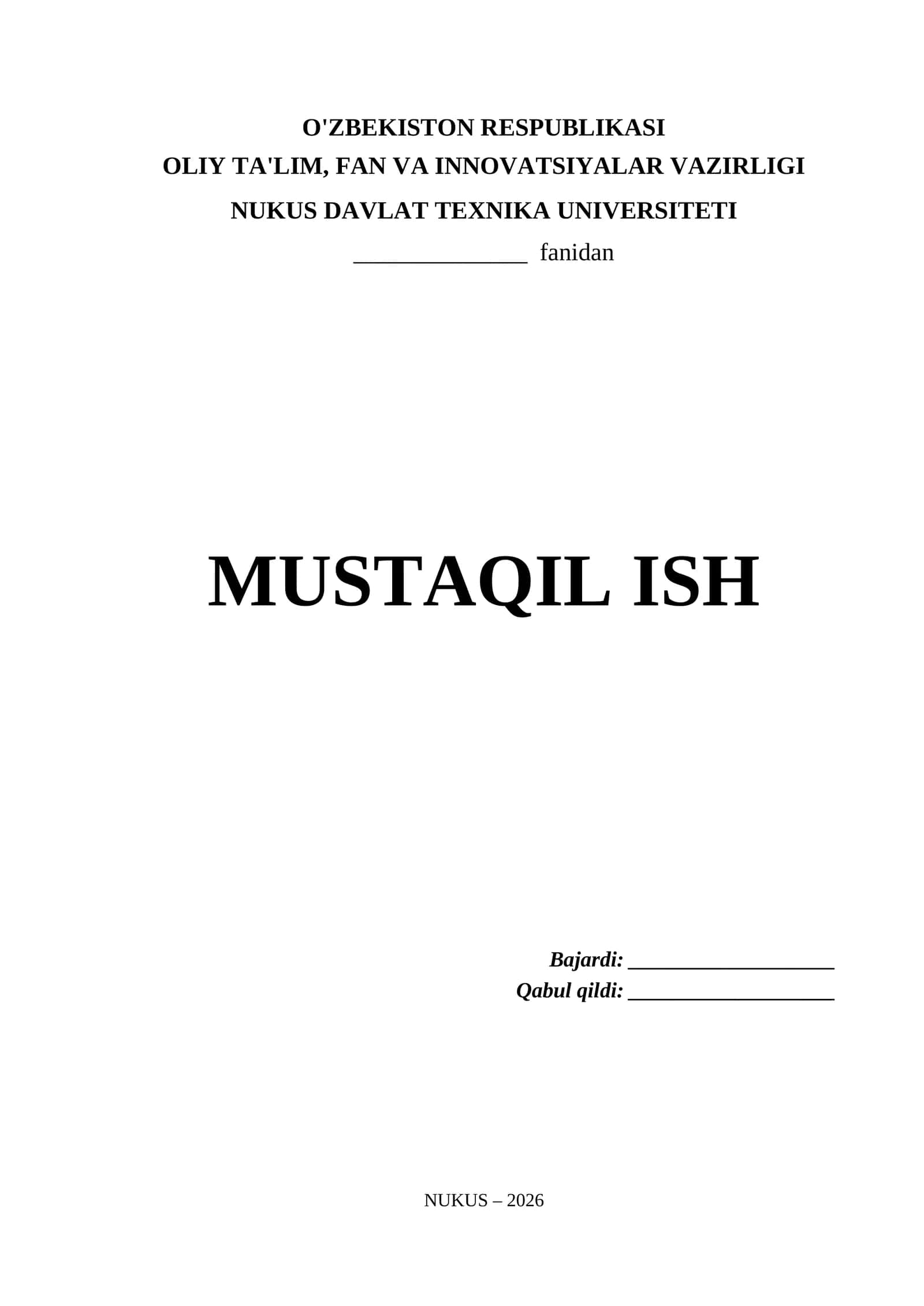Namangan Davlat Texnika Universiteti Mustaqil Ish Titul Varaq (.docx)