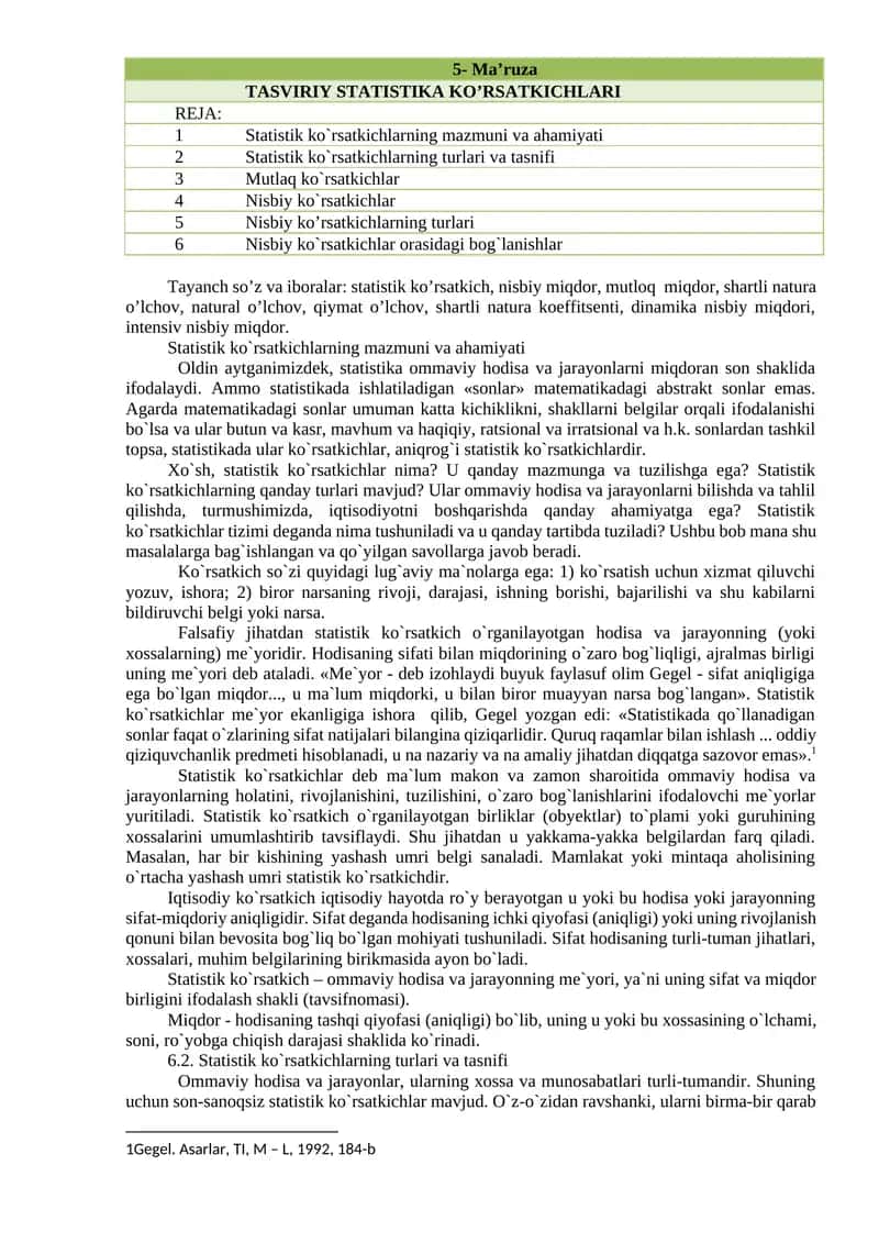 TASVIRIY STATISTIKA KO’RSATKICHLARI