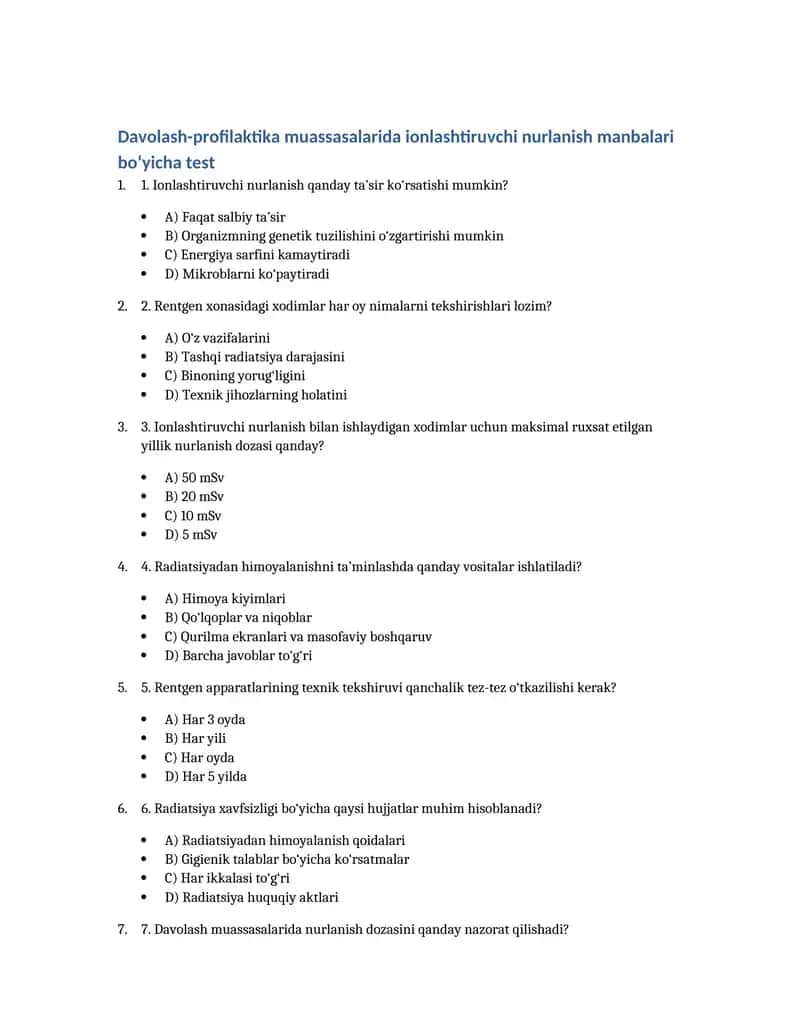 Davolash-profilaktika muassasalarida ionlashtiruvchi nurlanish manbalari bo‘yicha test