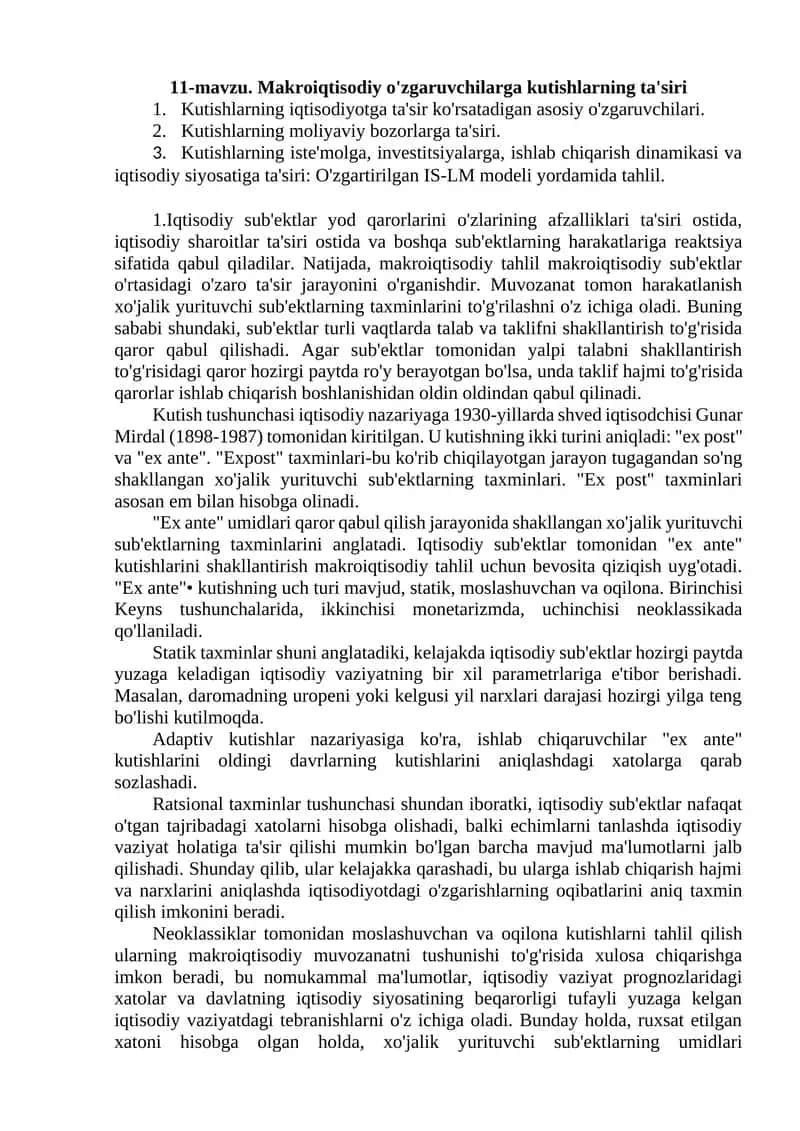 Makroiqtisodiy o'zgaruvchilarga kutishlarning ta'siri