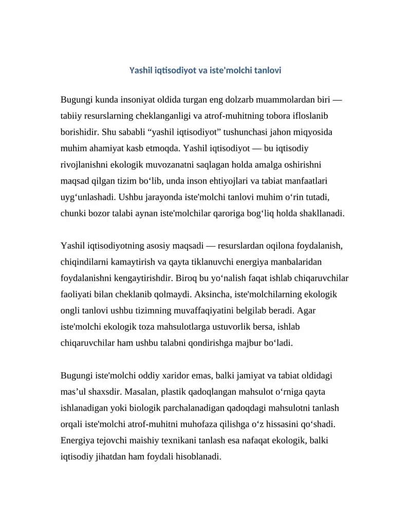Yashil iqtisodiyot va iste'molchi tanlovi
