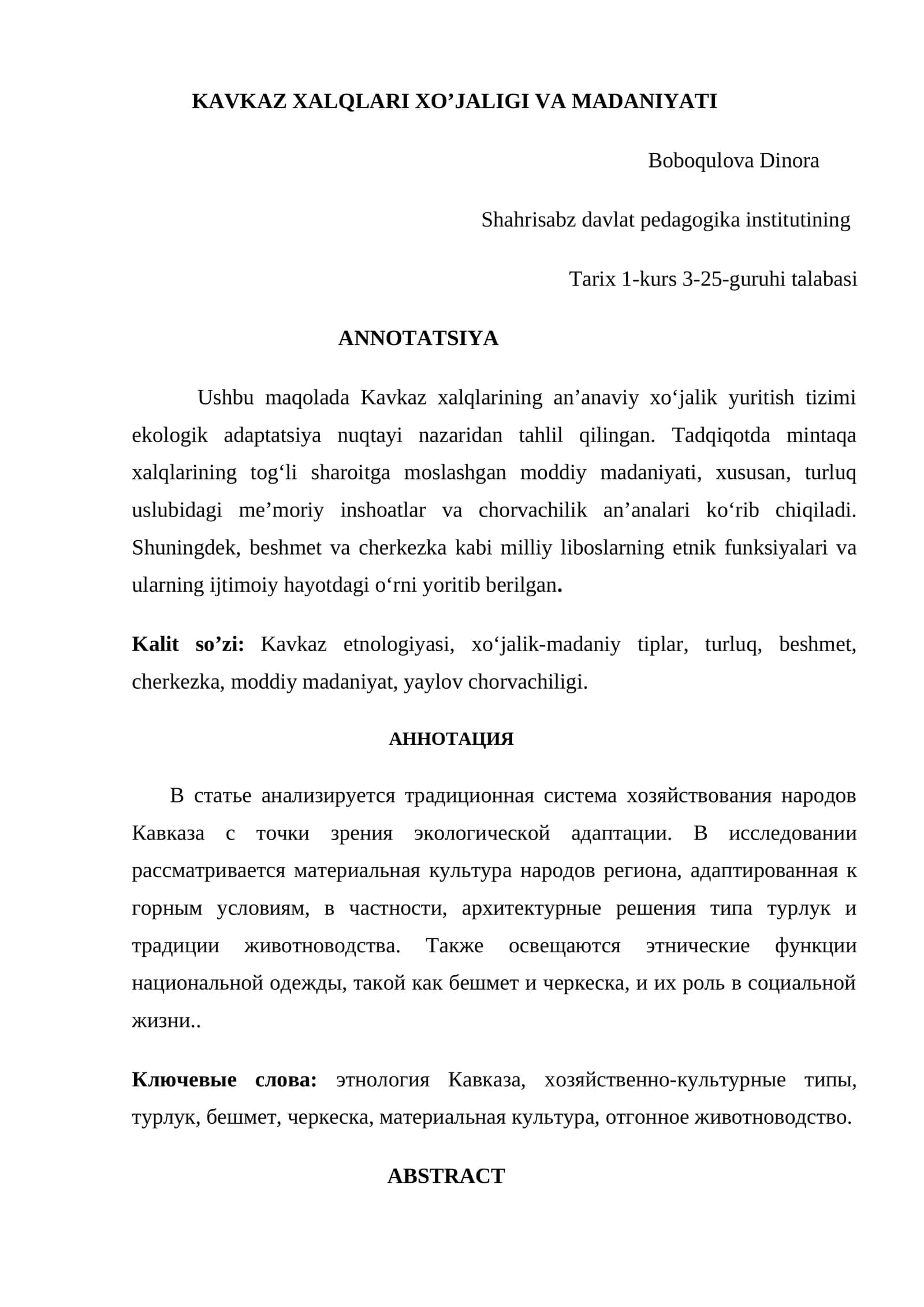 KAVKAZ XALQLARI XO’JALIGI VA MADANIYATI