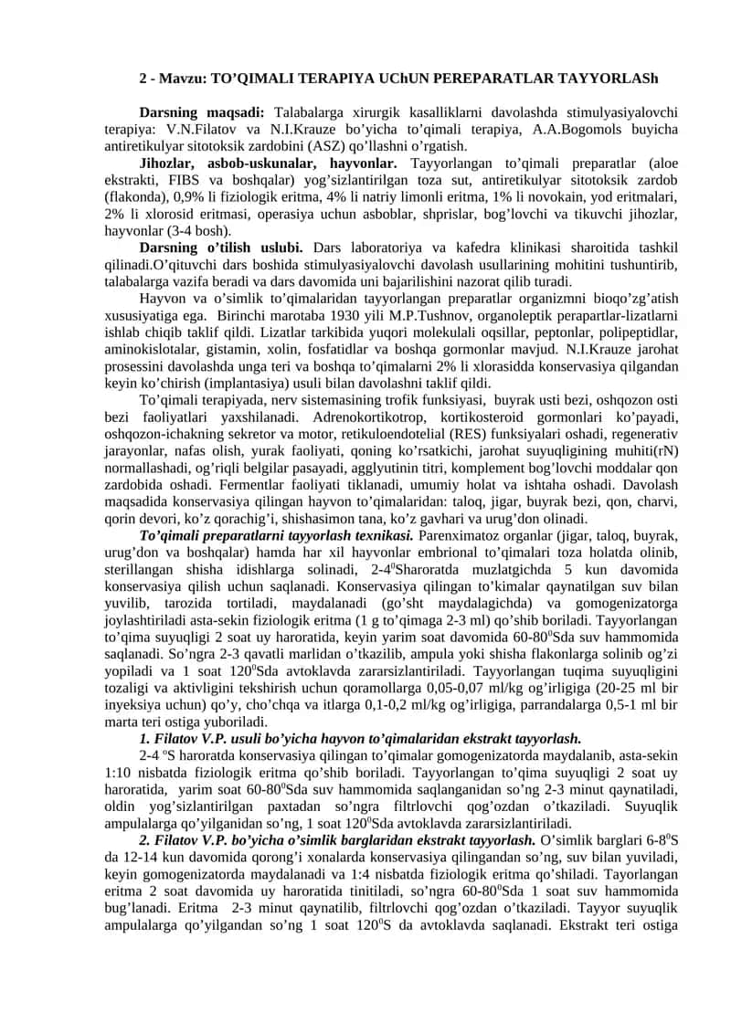 TO’QIMALI TERAPIYA UChUN PEREPARATLAR TAYYORLASh