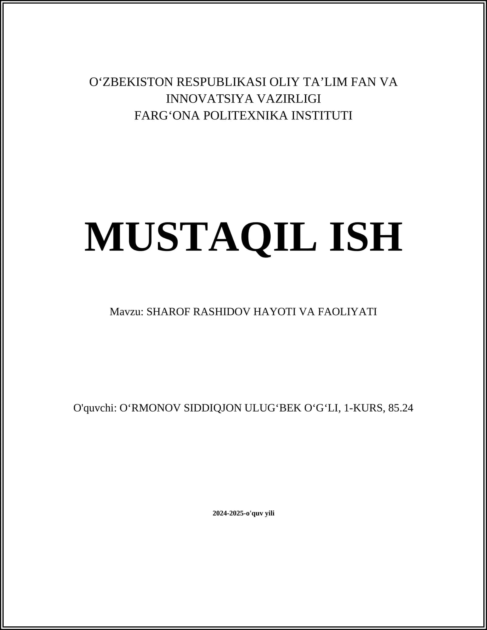 SHAROF RASHIDOV HAYOTI VA FAOLIYATI