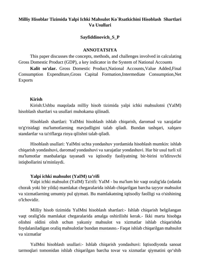 Milliy Hisоblаr Tizimidа Yalpi Ichki Mаhsulоt Ko`Rsаtkichini Hisоblаsh Shаrtlаri Vа Usullаri