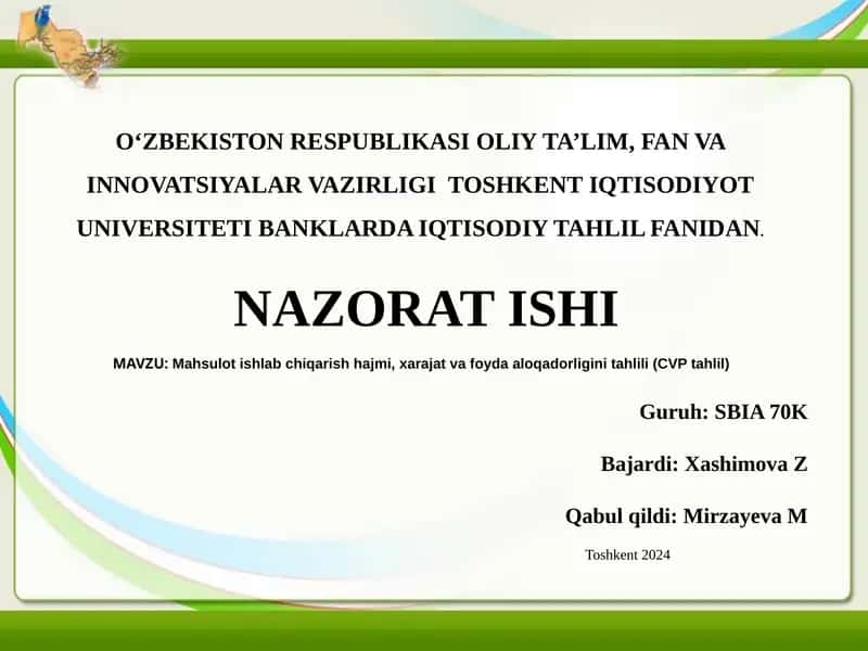 Mahsulot ishlab chiqarish hajmi, xarajat va foyda aloqadorligini tahlili (CVP tahlil)
