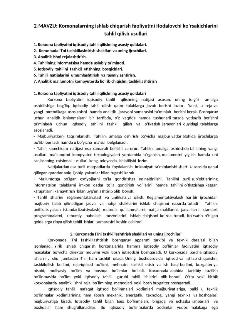 Korxonalarning ishlab chiqarish faoliyatini ifodalovchi ko’rsakichlarini tahlil qilish usullari