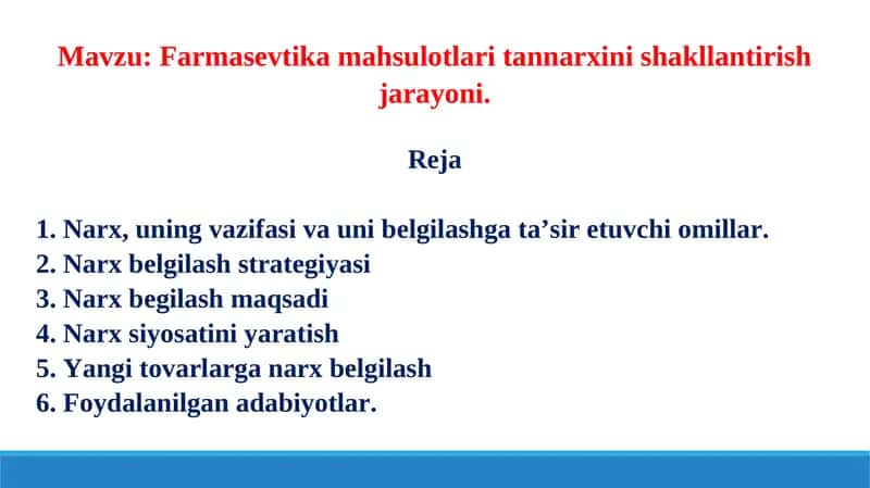 Farmasevtika mahsulotlari tannarxini shakllantirish jarayoni