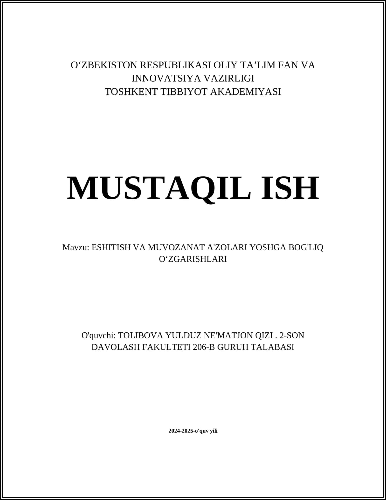 ESHITISH VA MUVOZANAT A'ZOLARI YOSHGA BOG'LIQ O‘ZGARISHLARI