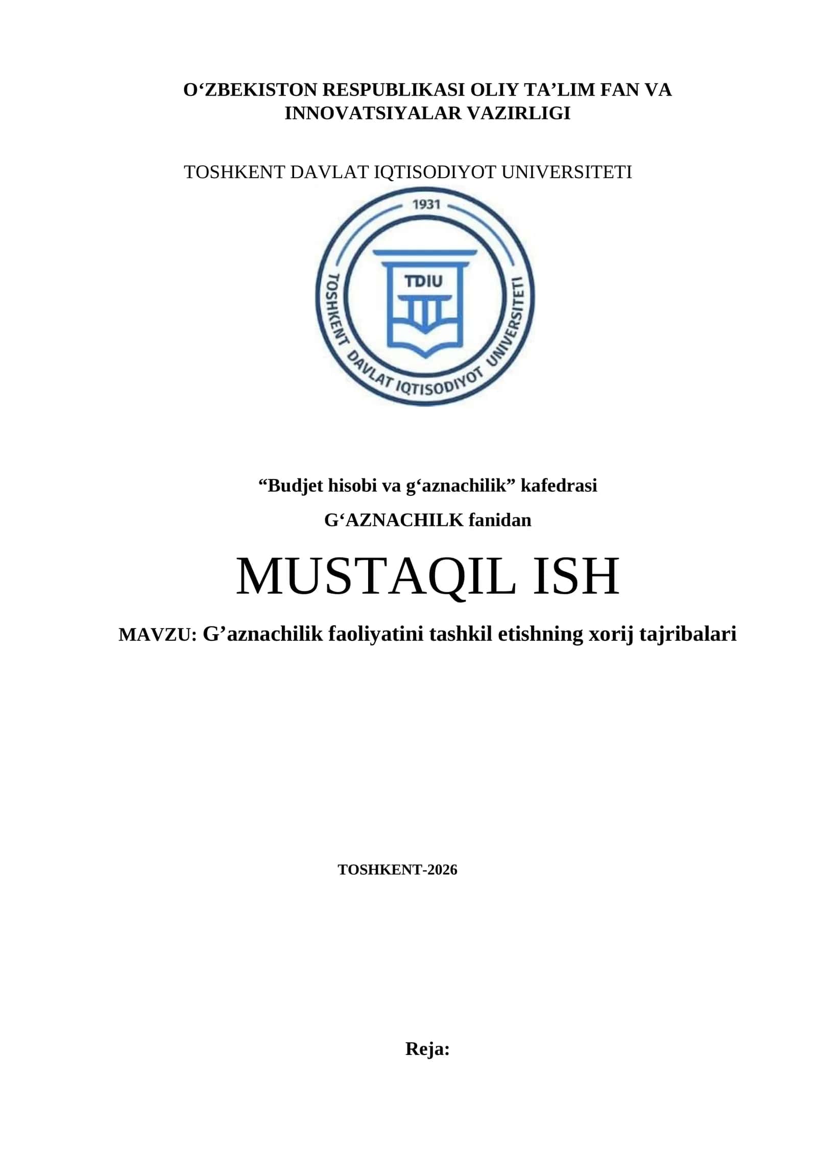G’aznachilik faoliyatini tashkil etishning xorij tajribalari