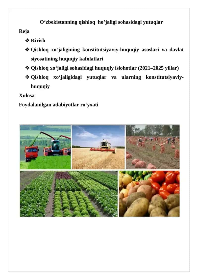 Qishloq xo‘jaligining konstitutsiyaviy-huquqiy asoslari va davlat siyosati