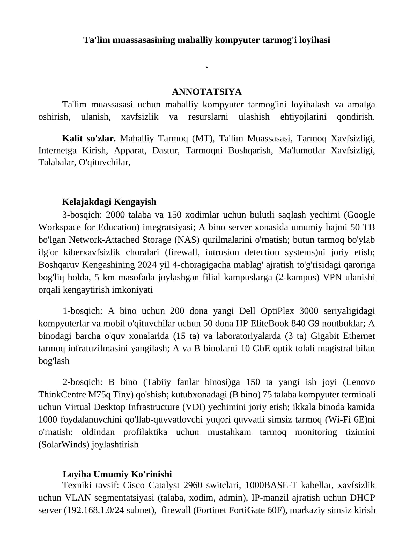 Mahalliy kompyuter tarmoq loyihasi