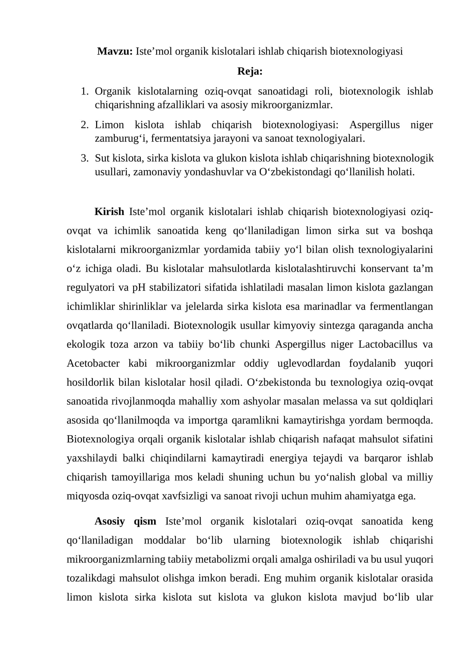 Iste’mol organik kislotalari ishlab chiqarish biotexnologiyasi