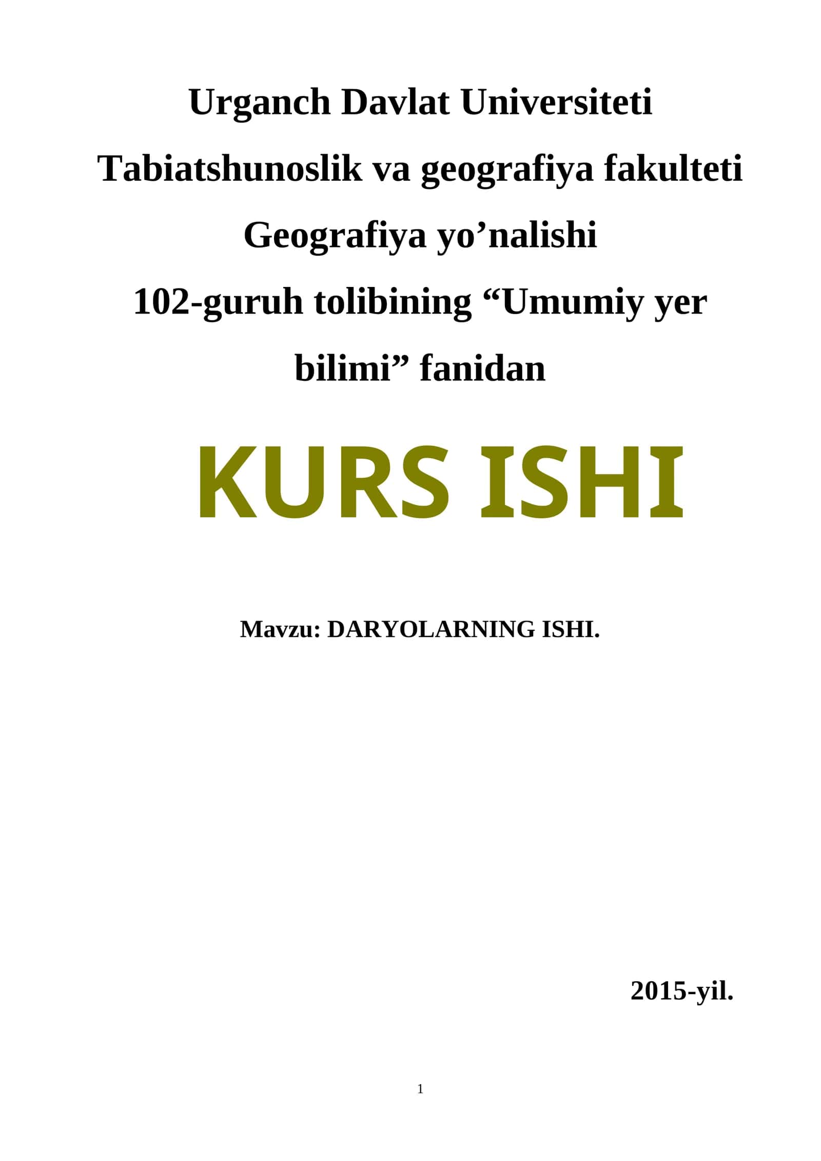Daryolarning ishi. kurs ishi
